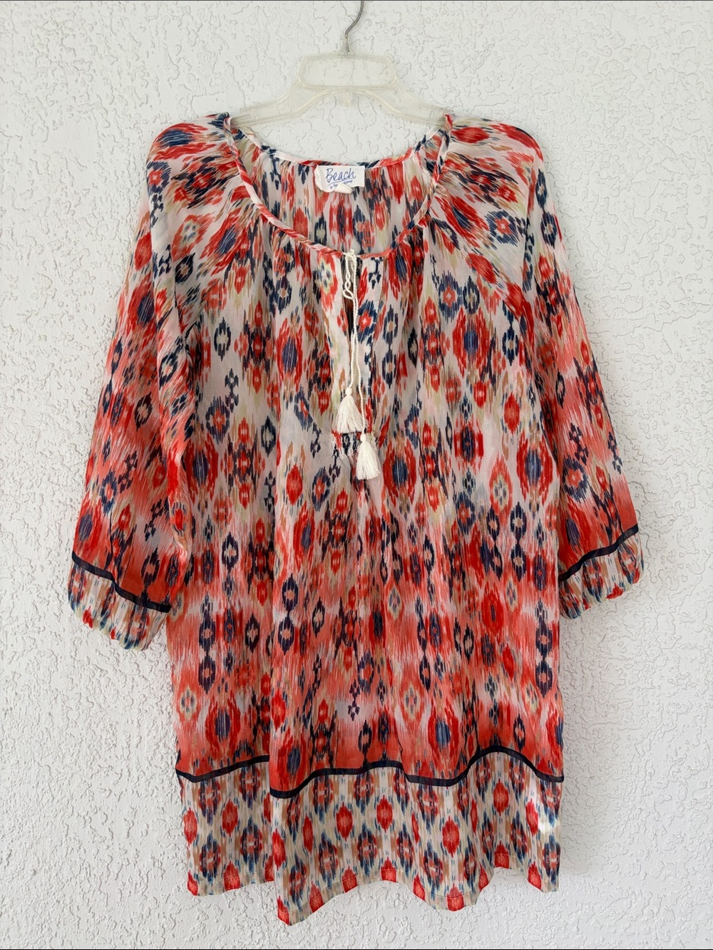 beachlunchlounge Red and Navy Ikat Tassel dress/beach cover up size L